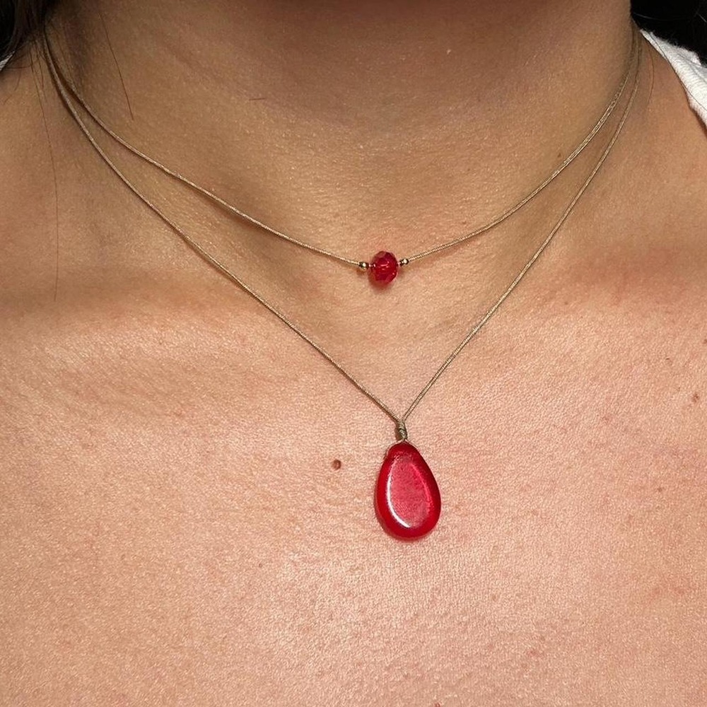 red necklace czech glass boho dainty adjustable cord 18k gold beaded bohemian